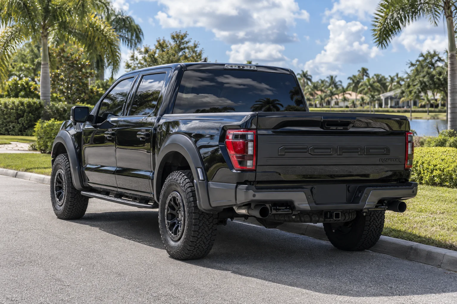 Gloss black Ford F-150 Raptor with tinted windows at Dynamic Tinting Solution