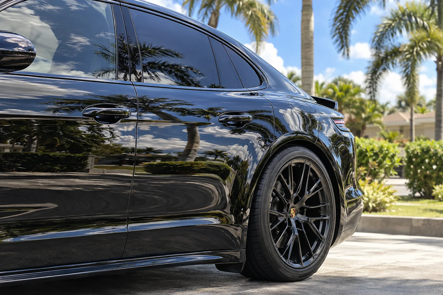 Gloss black Porsche Panamera with tinted windows at Dynamic Tinting Solution
