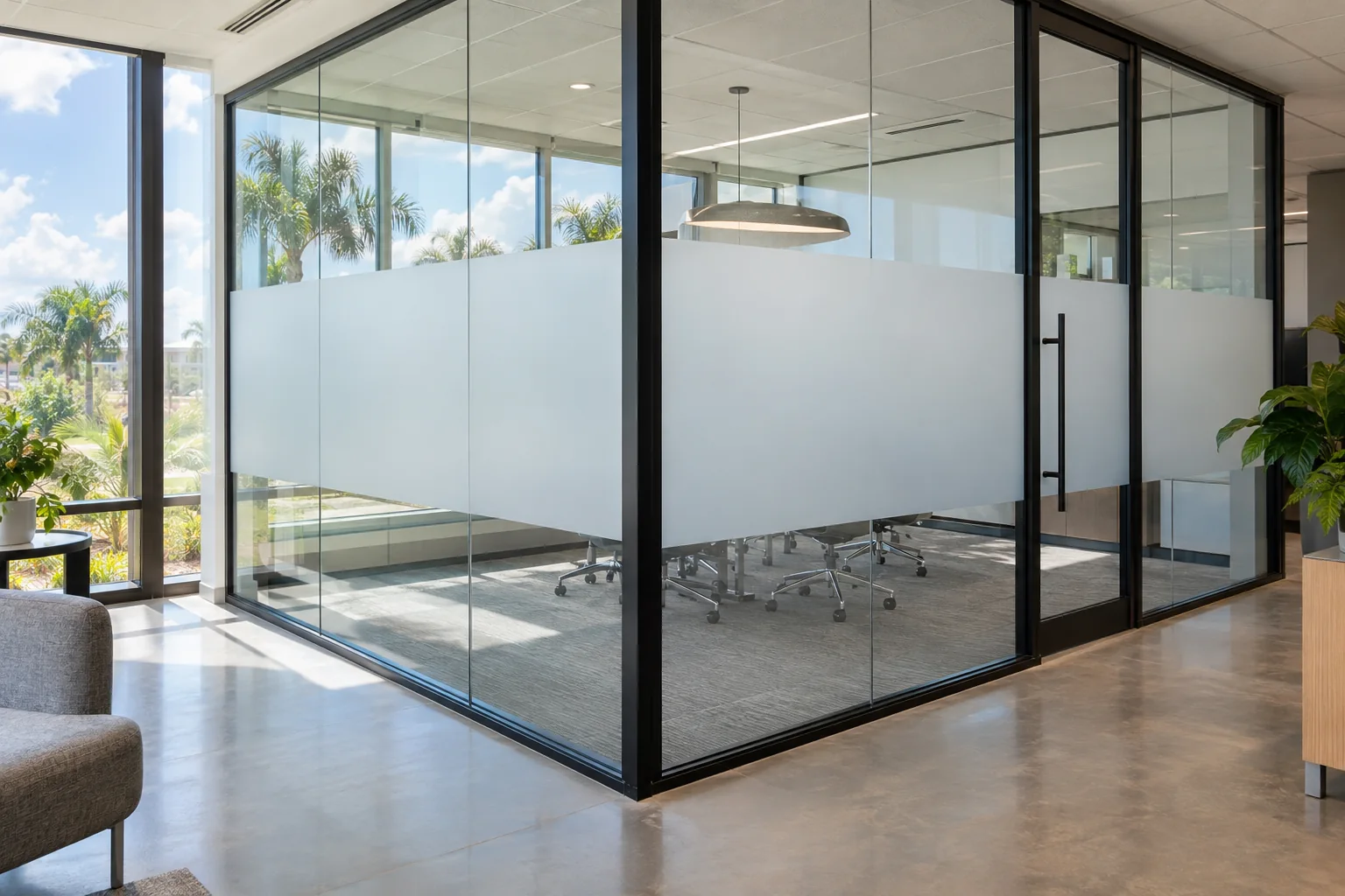 Office: frosted privacy band on a glass meeting room