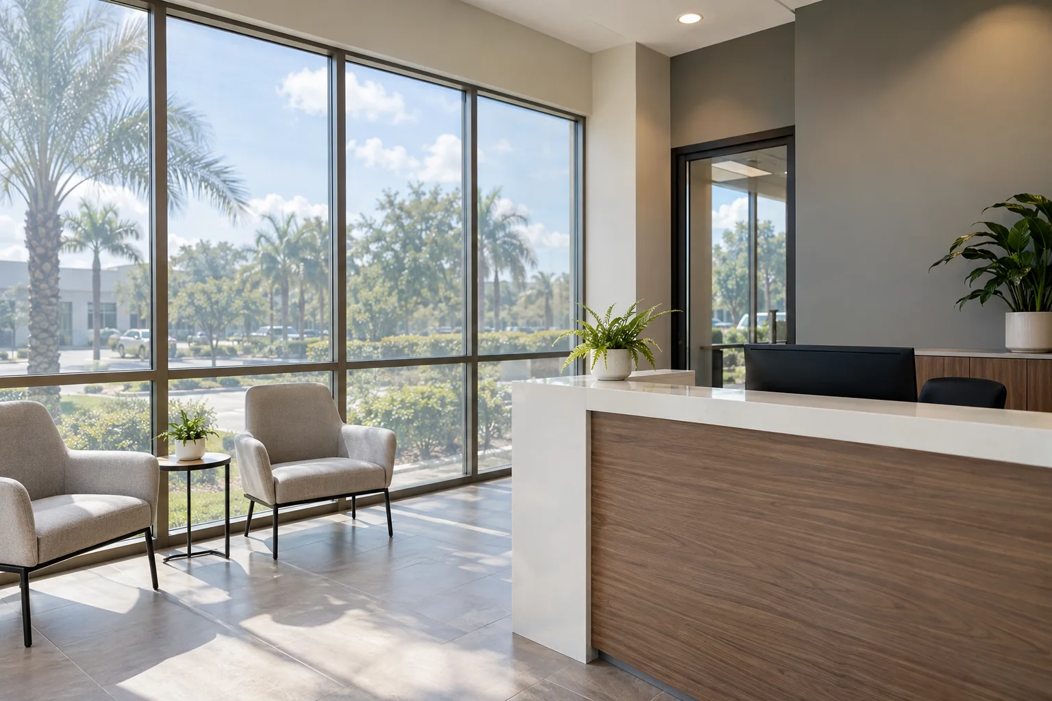 Office: reception with big windows, glare cut
