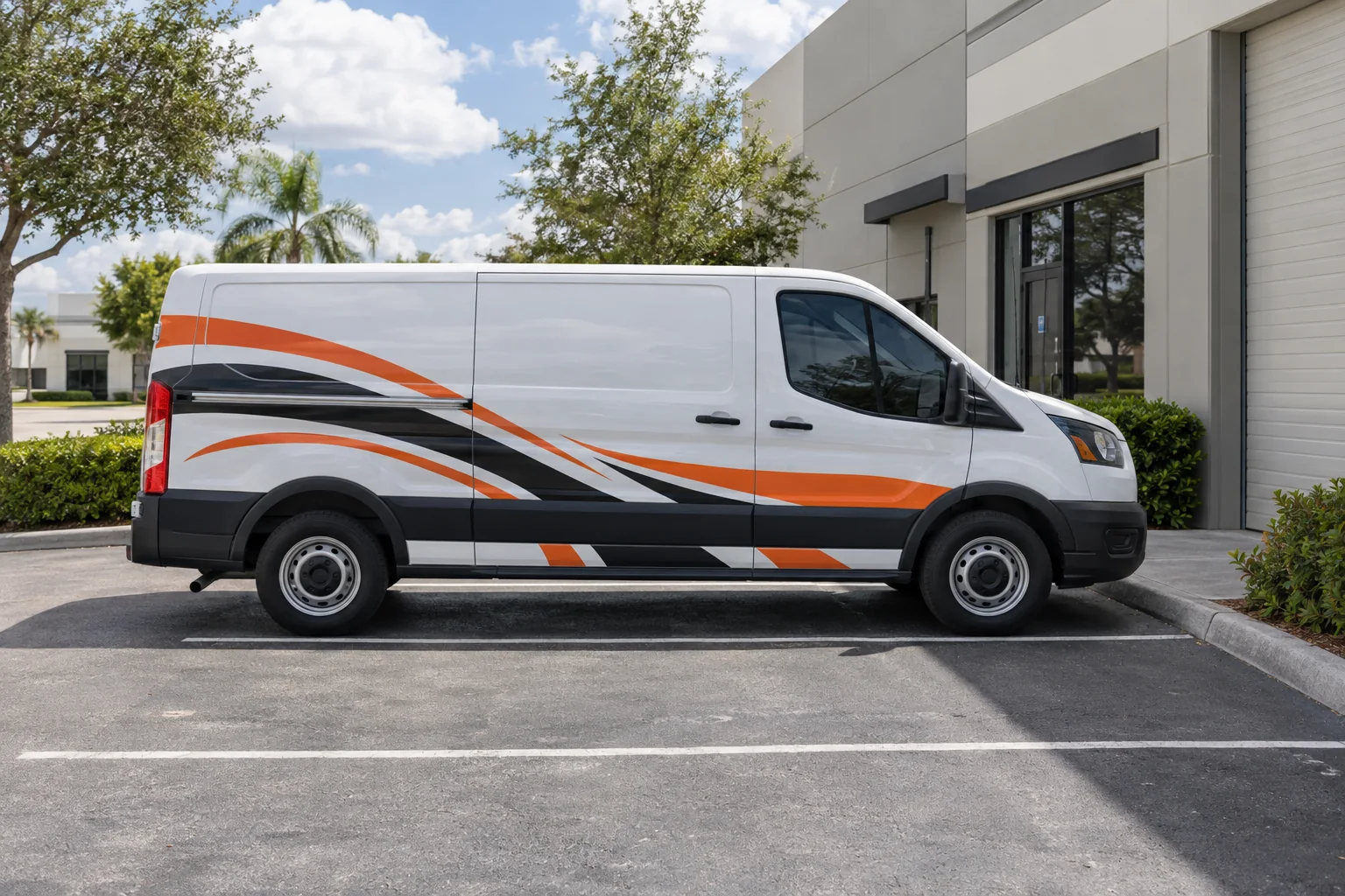 Graphics: a lettered van (no words), out at work
