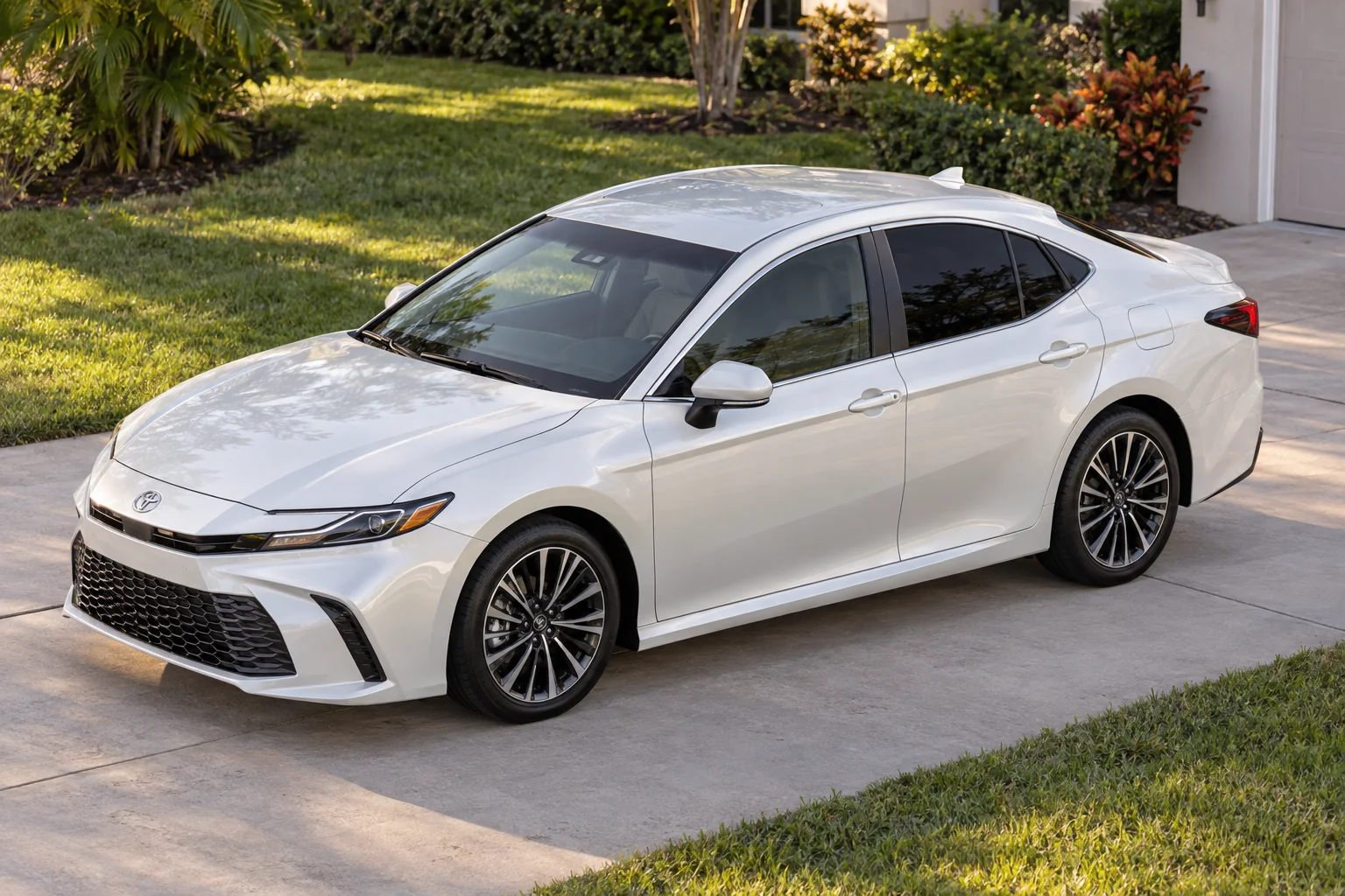 A white sedan seen from its driver's side with each window tinted as Florida law allows: a strip on the windshield, 28% on the front side windows and 15% on the rear side windows