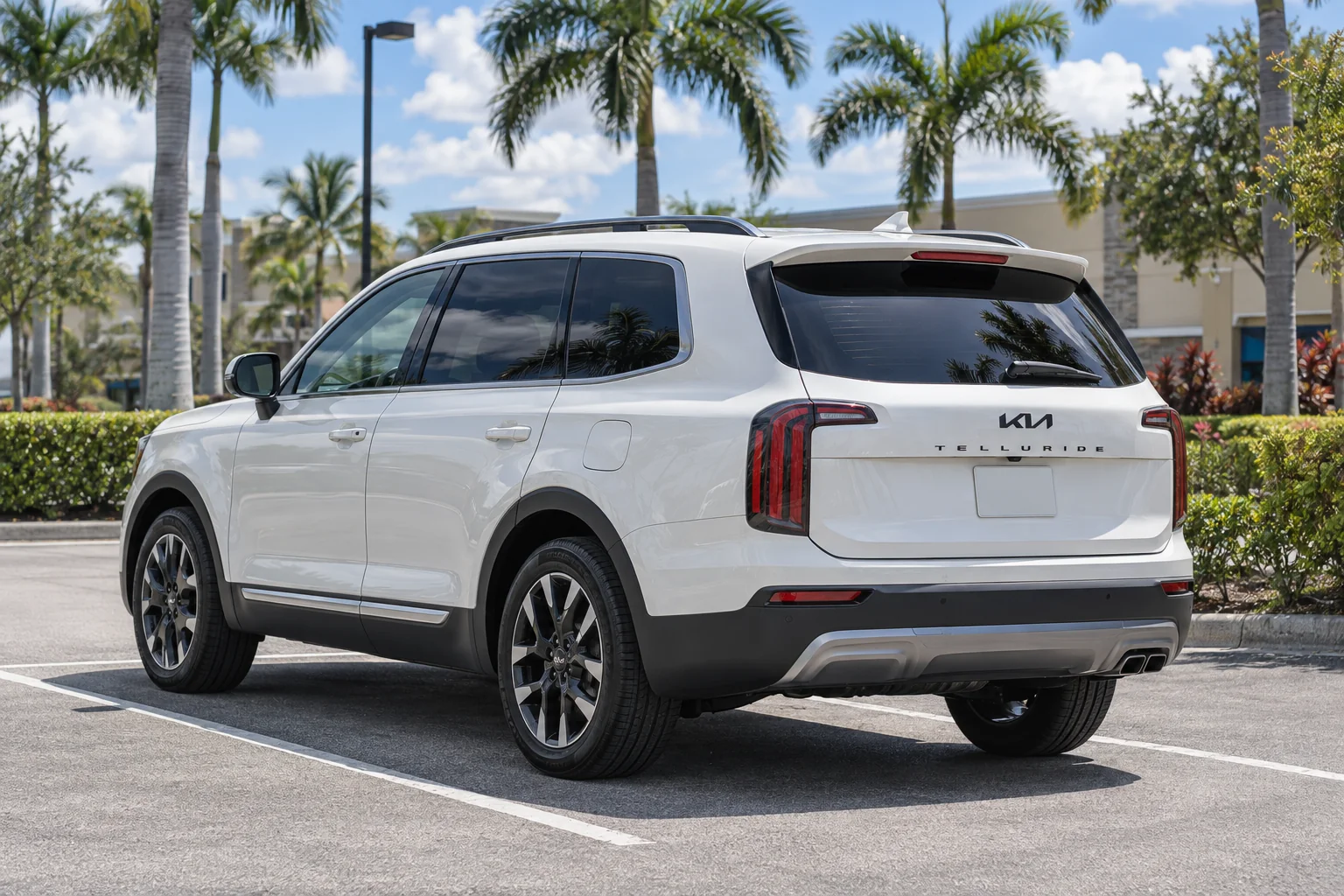 Pearl white Kia Telluride with tinted windows at Dynamic Tinting Solution
