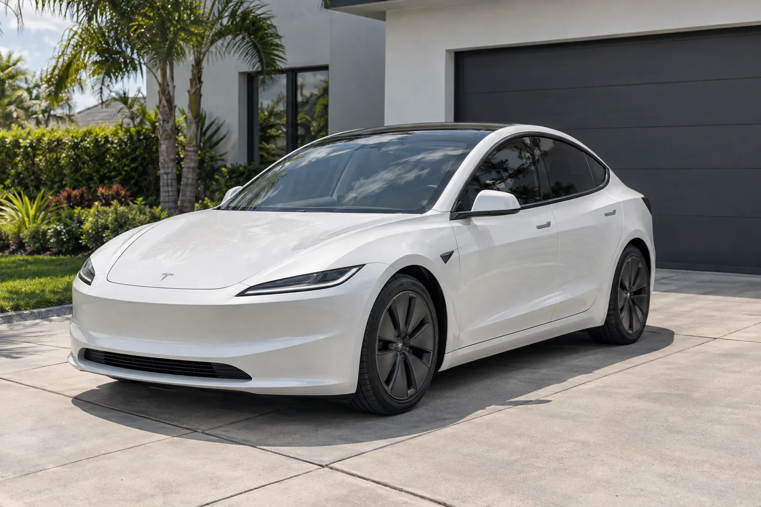 Pearl white Tesla Model 3 Highland with tinted windows at Dynamic Tinting Solution