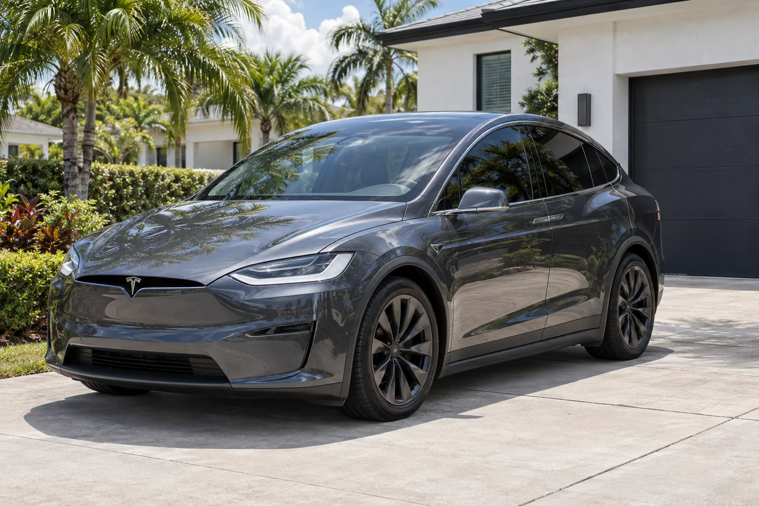 Midnight silver metallic Tesla Model X with tinted windows at Dynamic Tinting Solution