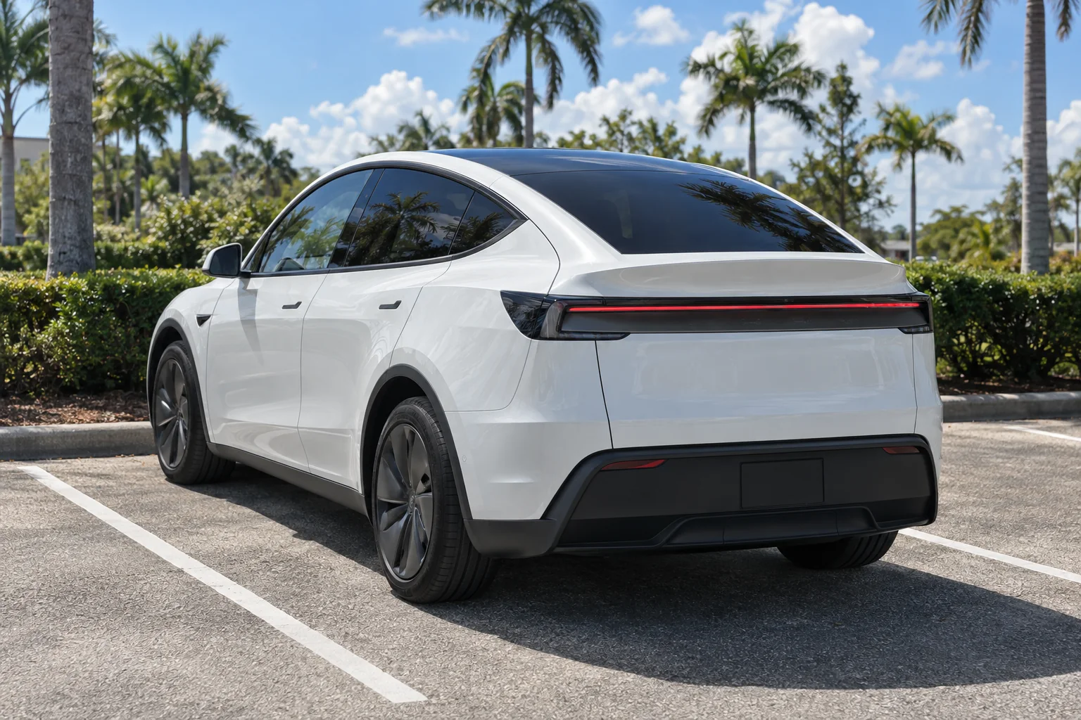 Pearl white Tesla Model Y with tinted windows at Dynamic Tinting Solution