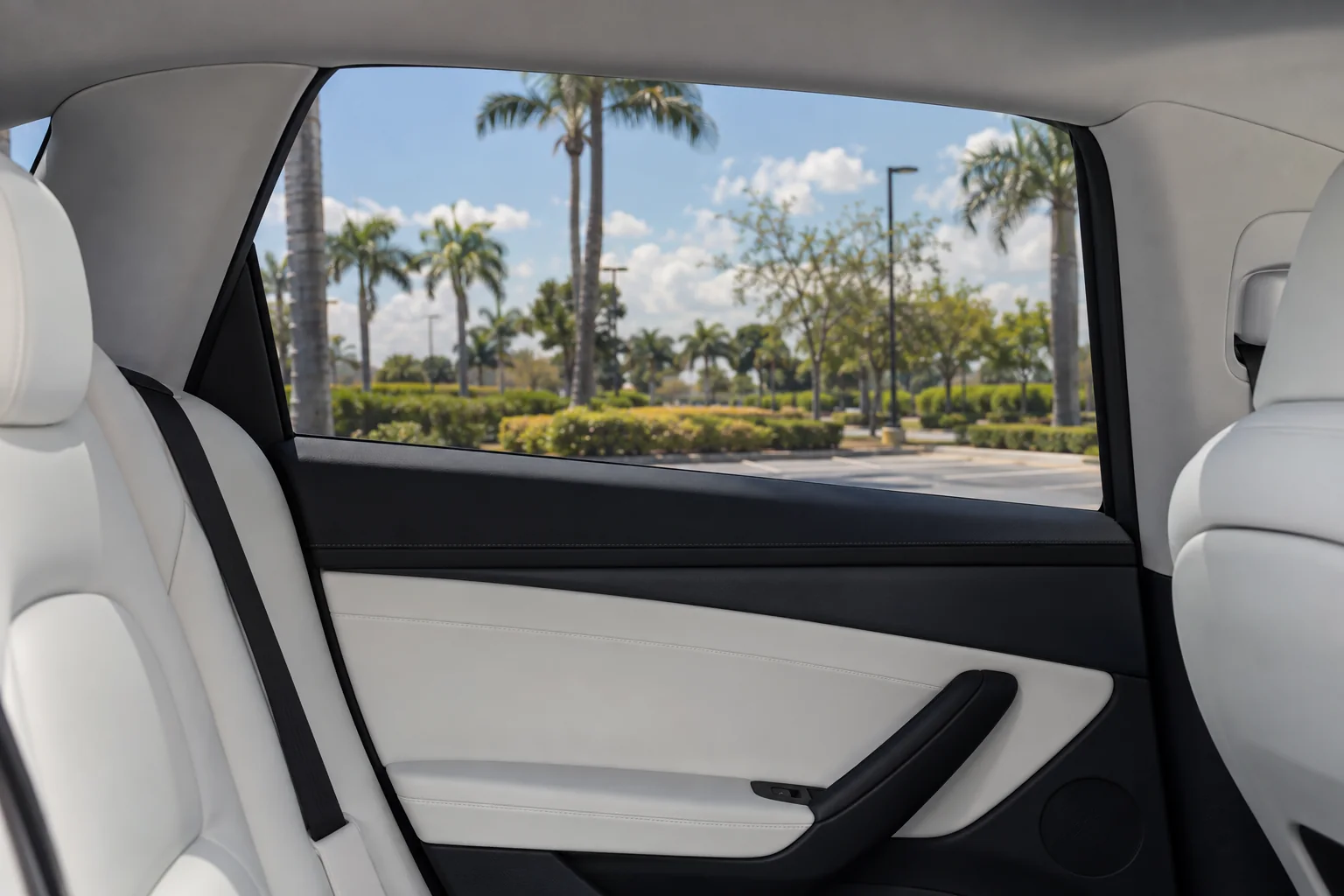 Pearl white Tesla Model 3 with tinted windows at Dynamic Tinting Solution